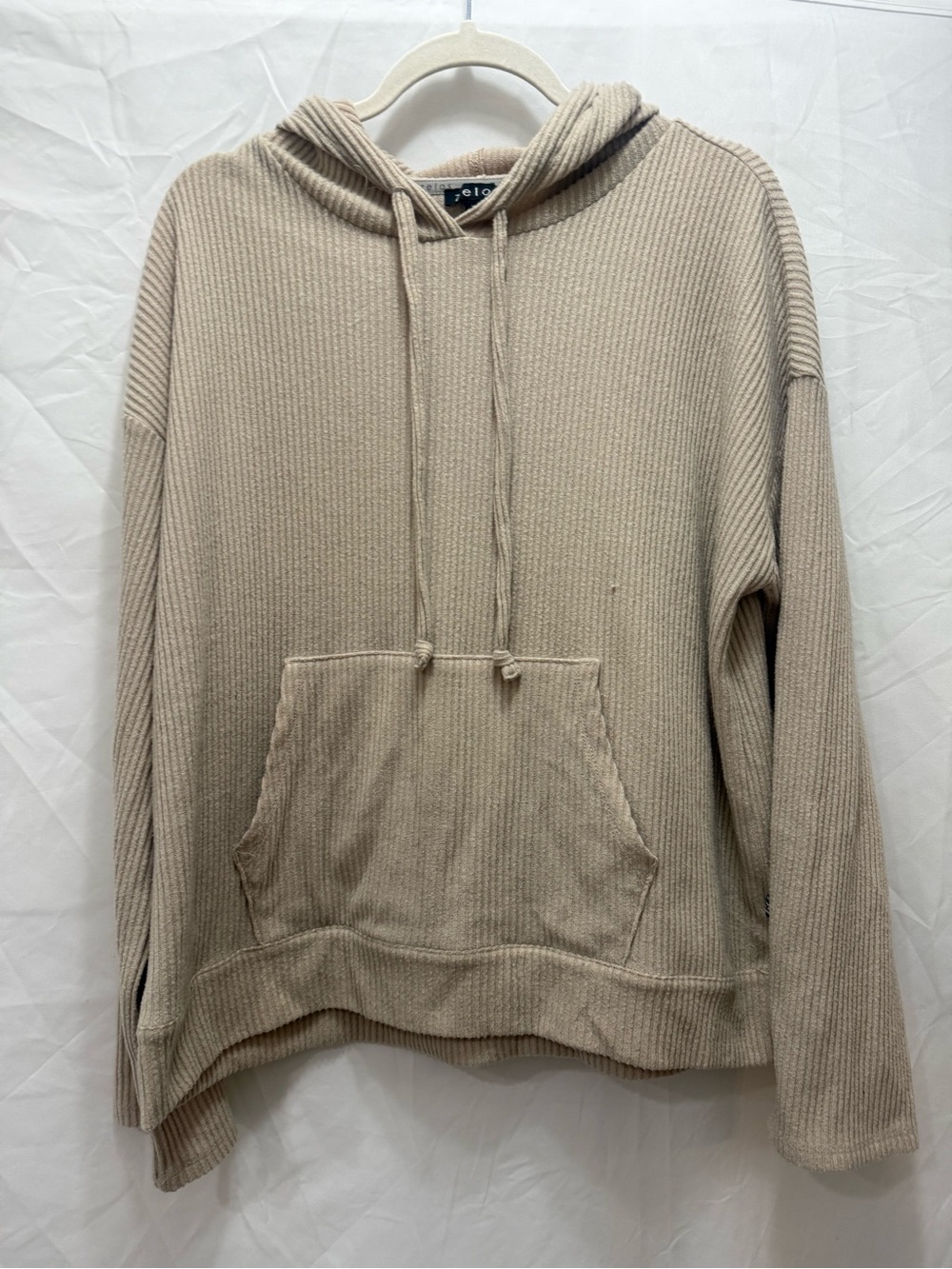 ZELOS Ribbed Hooded Pullover in Light Beige